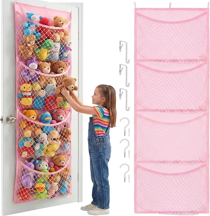 Over The Door Stuffed Animal Storage, Wide, Cotton | Toy Organizer for Storage Plush Toys, Stuffed Animal Holder with 4 Large Pockets, Hanging Door Organizer for Nursery