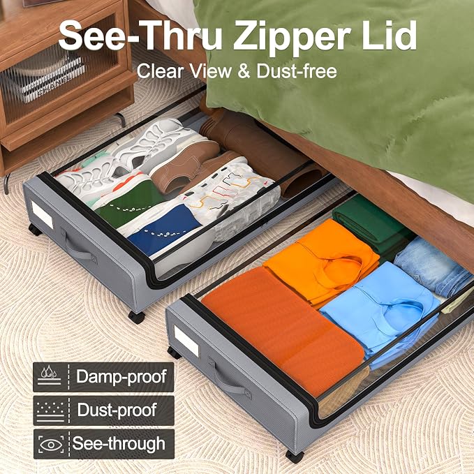 GoMaihe Under Bed Storage with Wheels 48L Grey 2-Pack | Rolling Bins for Shoes Clothes in Dorm Bedroom - Metal Drawers Easy Pull-out