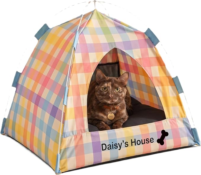 Personalized Cat Dog Pet Tent for Indoor with Name & Paw Print | Portable Foldable Pet Cave Bed, Breathable Mesh Window, Removable Washable Cushion, Ideal for Kittens, Puppies,Small Breeds