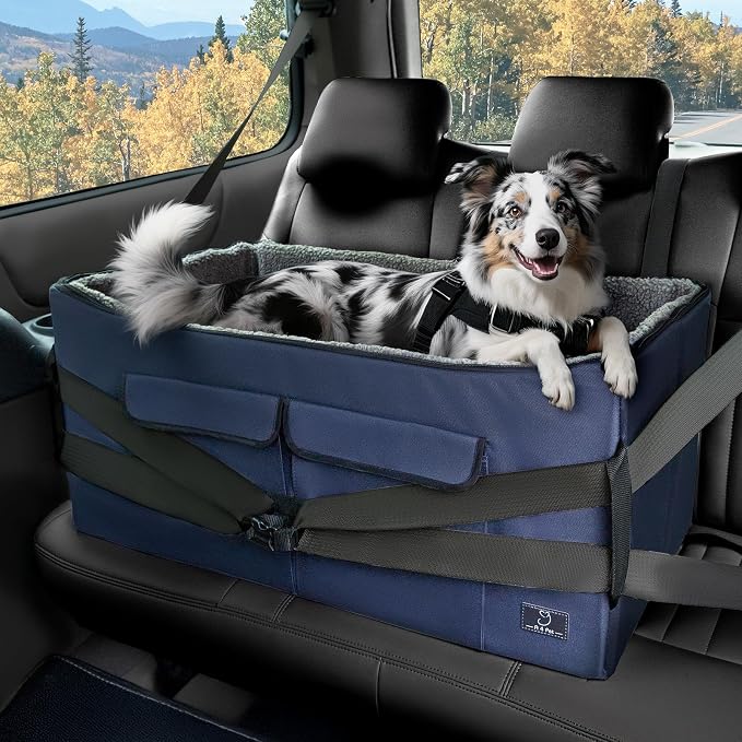 A 4 Pet Dog Car Seat, Under 55 lbs, 2 Safety Belts & Storage Bags | For medium/large dogs or 2 small dogs, portable, comfortable travel seat