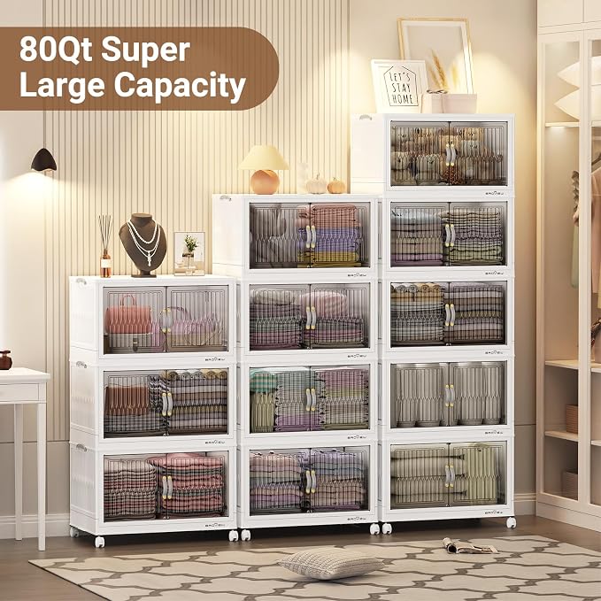 BROVIEW 240Qt Stackable Storage Bins with Lid for Home Dorm, 3Pack White | Closet Organizers, Foldable & Collapsible Cabinets, Large Containers, Wheels & Magnetic Doors, Plastic Drawers for School