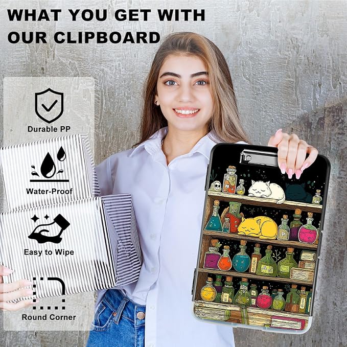 A4 Clipboard with Storage Pen Holder, Clipboards Organizer Nursing Clipboard Foldable File Folder Plastic Clipboard Folio Clip Board for Office Work Classroom Doctor, Vase Books Cat