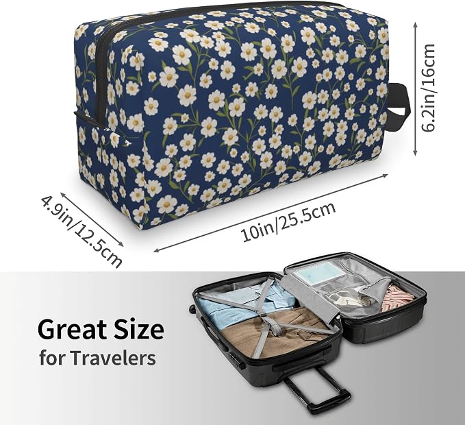 Navy Blue Daisy Makeup Bag - Durable 600D Oxford Fabric Travel Cosmetic Bag, Shockproof Foam Padded Toiletry Organizer for Gym & Daily Use 10x6.2x4.9 Inch