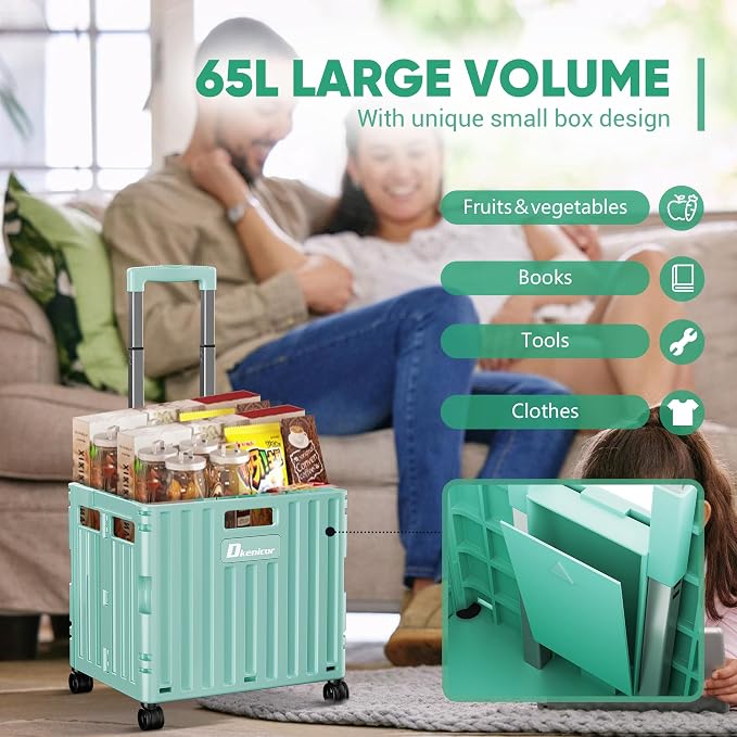 Folding Utility Cart with Lid, Portable Rolling Crate Handcart Collapsible Shopping Trolley, Durable Plastic Foldable Tool Basket with 4 Rotate Wheels for Grocery, Office, Luggage, School - Cyan