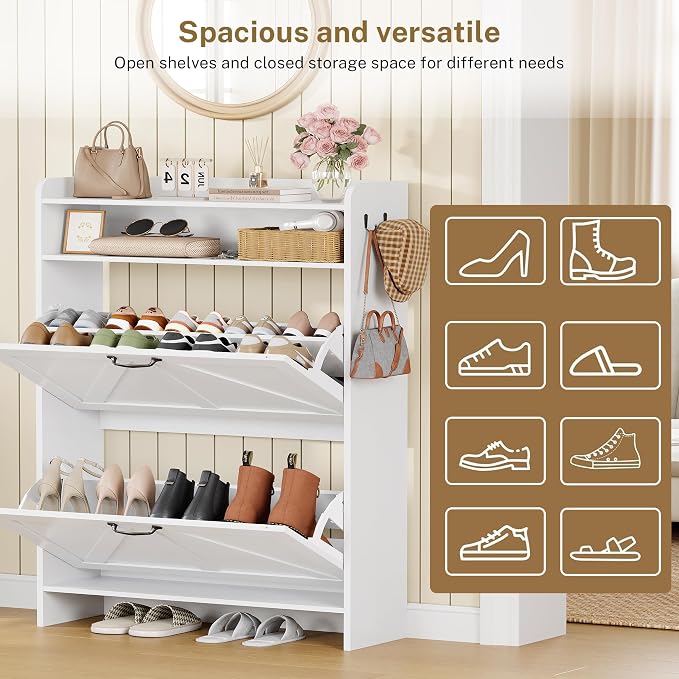 Shoe Storage Cabinet with 2 Flip Drawers for Entryway,Hallway | 9.4"Deep,Freestanding Shoes organizer,Adjustable & Removable Shelves,2 Hooks,Anti-tip Device,White