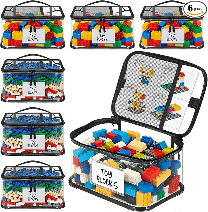 6 Pack Toy Storage Bags, Clear Toy Organizer with Labels Ages 3+ | Waterproof PVC Toy Organization and Storage, Suitable for Storing Building Blocks, Puzzles, Dolls and Board Games