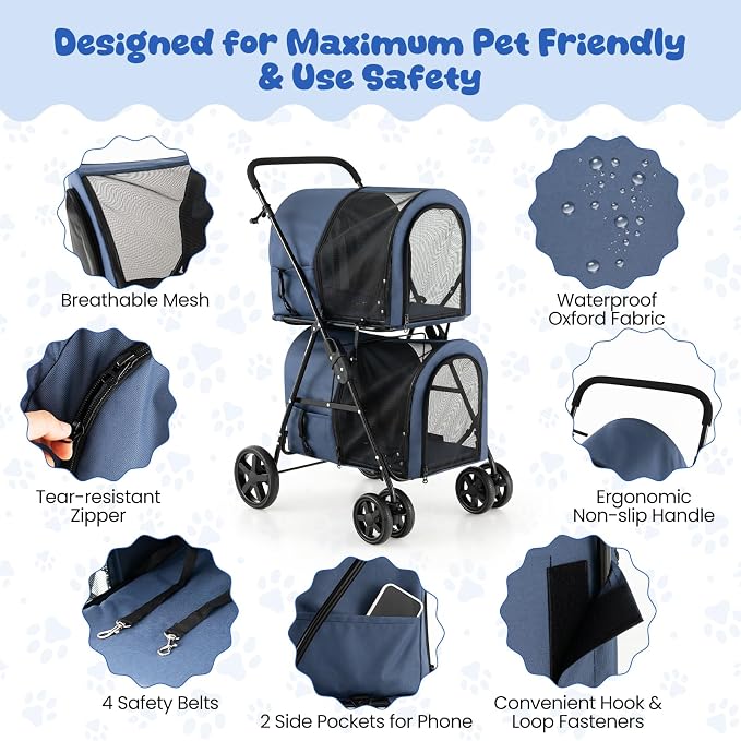 Dog Stroller with 2 Detachable Carrier, Pet Stroller for Small Medium Dogs Cats, Jogger/Travel/Camping, 4-in-1 Doggy Pet Carrier, Carrier Strolling Cart with Lockable Wheels (Navy Blue)