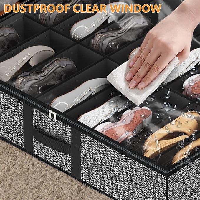 Under Bed Shoe Storage Organizer Fits 16 Pairs Shoes and 4 Pairs Boots, Underbed Shoe Storage Boxes Bins, Organizador De Zapatos, Extra Large Zapateras Organizer for closet, Black, Set of 2