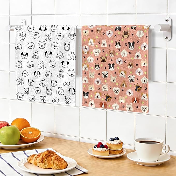 Set of 2 Dog Kitchen Towels - Cute Dog Dish Towels for Kitchen Drying, 17x26 Inch Absorbent Soft Microfiber Dish Cloths, Dog Lover Gifts for Women, Home Kitchen Housewarming Towels
