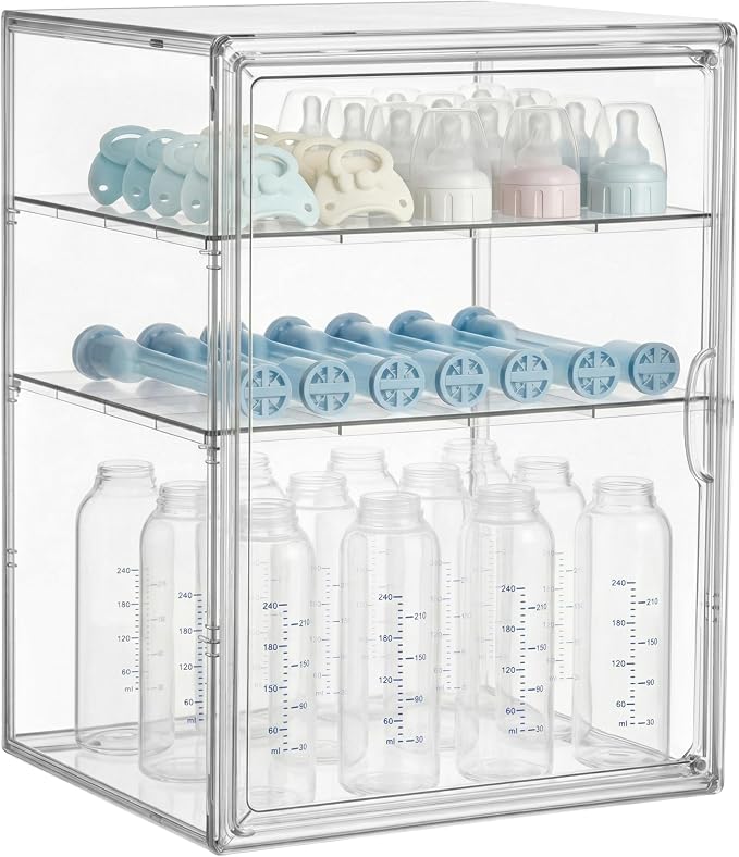 HBlife Baby Bottle Storage Organizer for Countertop Cabinet, 3 Tiers Adjustable Clear Acrylic Bottles Storage Station Case Box Container with 2 Removable Dividers and Magnetic Door, X-Large