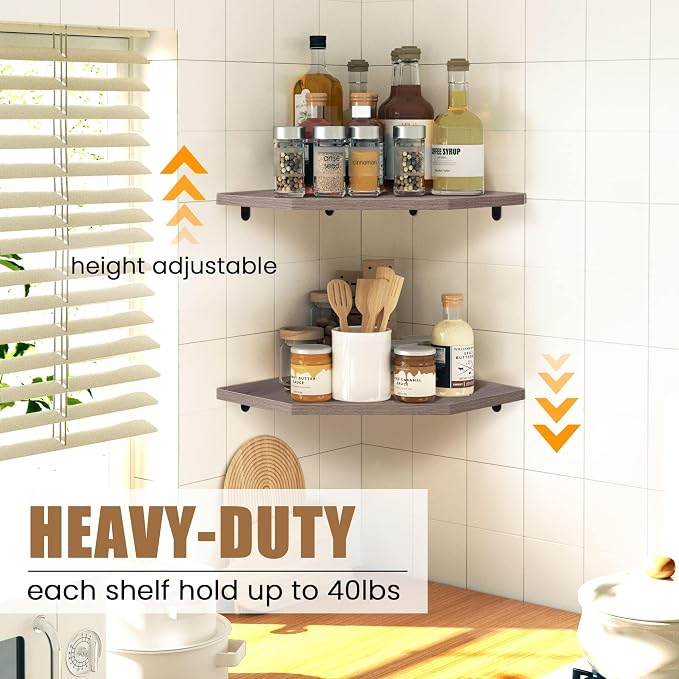 Fun Memories Corner Shelf Wall Mount, Floating Corner Shelves, Set of 2 Corner Wall Shelf Organizer, Rustic Wood Wall Storage Display Shelves for Living Room Bedroom Bathroom Kitchen, Rustic Grey