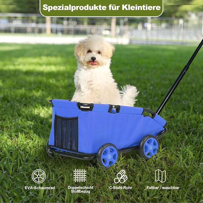 Mini Dog Strollers for Mini Pets, Foldable Multifunctional Shopping Carts with Extendable Pull Handle, Doggie Wagon Built-in Cushion and Safety Rope with Storage Bag (Blue)