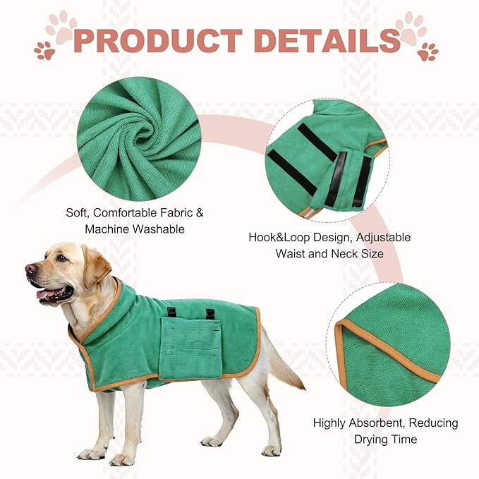 Dog Drying Coat, Dog Robes for After Bath Bathrobe Super Absorbent Towel Soft Adjustable, (XS, Dark Green), Intended for Fast Drying Warm Keeping Pet Cats Kitten Puppies