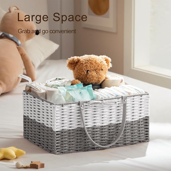 HBlife Large Baby Diaper Caddy Organizer, Paper Rope Storage Baskets Nursery Bin with Removable Divider, Portable Car Organizer for Diapers, Baby Shower Gifts, Newborn Essentials Must Haves