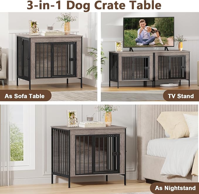 EasyCom 28.15" Dog Crate Furniture for 1 or 2 Dogs, Oak Grey | Fits Dogs 0–20 lbs, Heavy Duty Indoor Kennel, Multiuse TV Stand for Small Dog