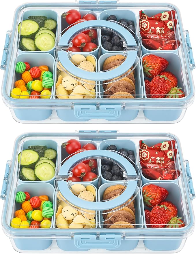 2Pcs Snackle Box Snack Containers with Lid Divided Serving Tray with Handle | Portable Snack Platter Fruit Veggie Trays Snackele Box Containers for Charcuterie, Party, Snack, Nuts, Beach, Travel, Picnic