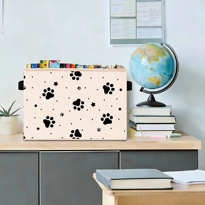 Paw Print Storage Bin, Foldable Fabric Organizer | Black paw print storage bin with stars and dots for toys, books, clothes, pet items, shelves, closets, and rooms.