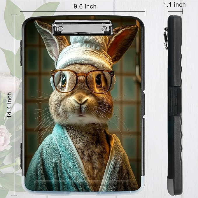 A4 Clipboard with Storage Pen Holder, Clipboards Organizer Nursing Clipboard Foldable File Folder Plastic Clipboard Folio Clip Board for Office Work Classroom Doctor, Glasses Rabbit