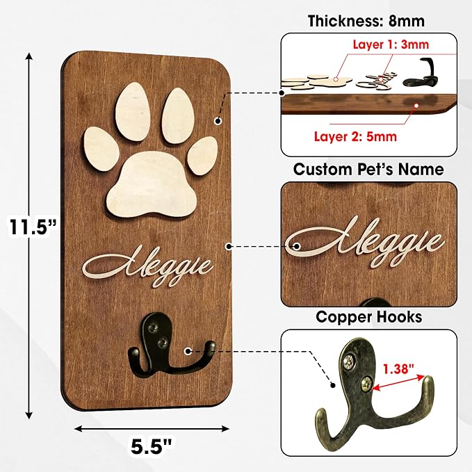 Personalized Dog Leash Holder Wall Mount, Pet Harness Hanger, Dog Collar Organizer for Entryway, Key Rack for Wall Decorative, Memorial Cat Leash Holder for Wall, Pet Loss Gifts, Home Decor