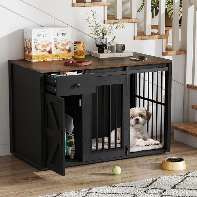 Verano Garden 44" Dog Crate Furniture, Dog Kennel (44" Left Facing Door) | 2-in-1, Lockable, Sliding Door, Removable Divider, Adjustable Shelf, Farmhouse, Heavy Duty, Small Medium Dogs, Black