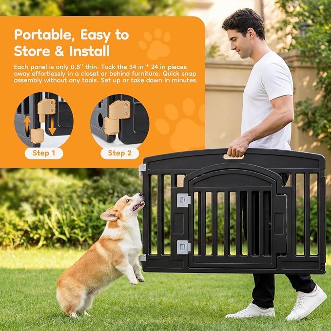 NEWBULIG 6 Panels 24 Inch Dog Playpen, Plastic Pet Play Pen Fence | Portable, Secure Locking Door, Indoor Outdoor Yard RV Camping, Small Medium Dogs, Black