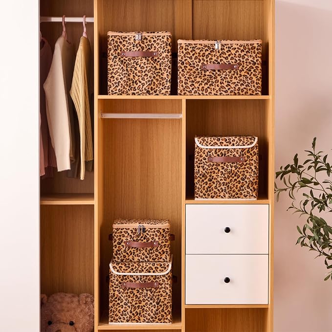 2PCS Storage Bin Boxes with Zipper Lid Leopard Print Cute Basket | Velvet Fabric, PU Leather Handles, PP Plastic Board, Foldable Washable Lidded Closet Shelf Organizer Container, Brown, Large