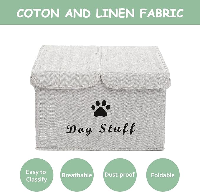Large Storage Boxes - Large Linen Fabric Foldable Storage Cubes Bin Box Containers with Lid and Handles for Dog Apparel & Accessories, Dog Toys, (Striped Gray)