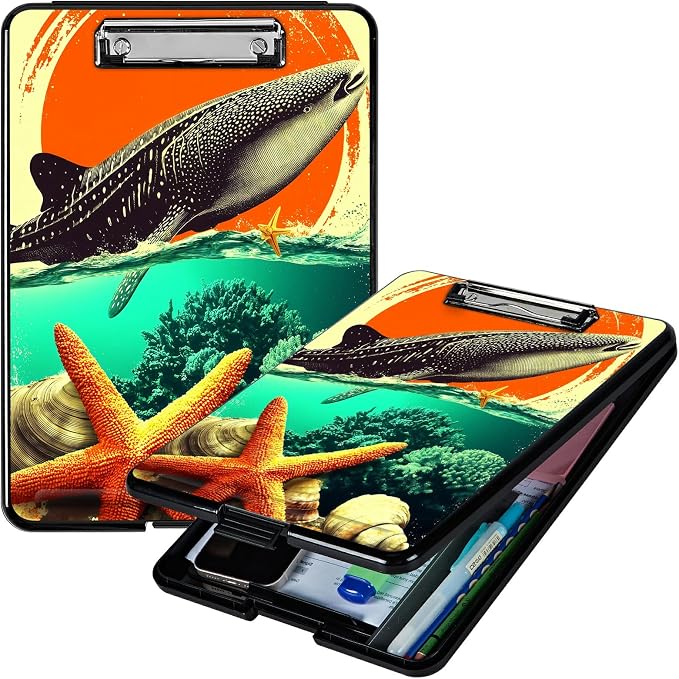 Heavy Duty Storage Clipboard, Slim Nursing Clipboard with Internal Pen Case, Portable File Organizer Case for A4 Letter Size Paper Office Medical Professionals, Whale Sunset Starfish