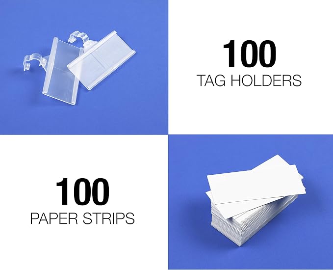 Pack of 100 - Plastic Wire Shelf Label Holder, Sign and Ticket Holder, Easy Clip Design with Tight Snap Lock Closure. Height, 1-1/4" X Width, 3" | "100 Label Inserts Included"