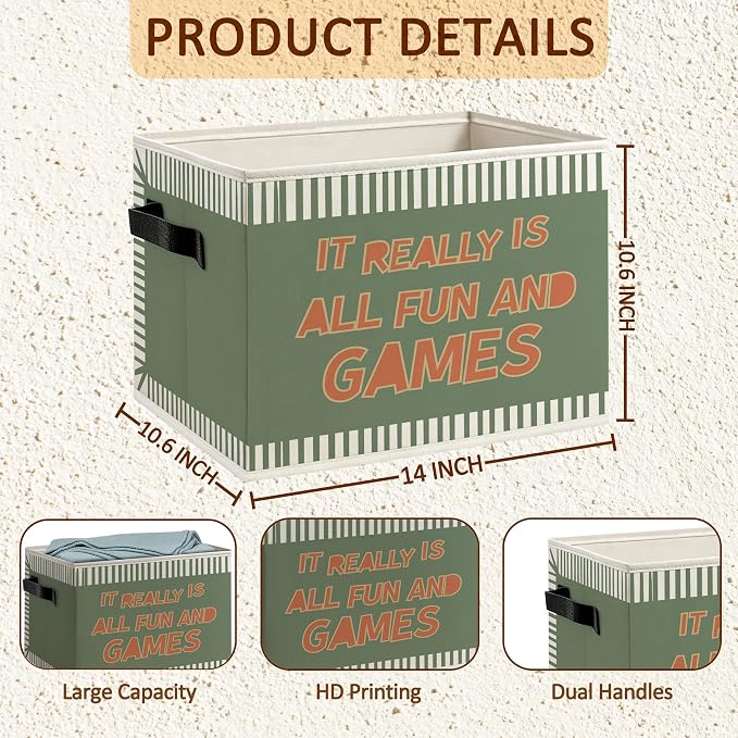 Retro Kids Playroom Foldable Storage Bins Box with Handles, It Really Is All Fun and Games Decorative Storage Boxes Baskets Toybox Organizer for Kids Boy Girl Nursery Room Bedroom Playroom