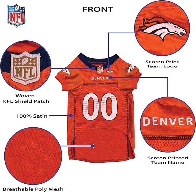 Pets First NFL Denver Broncos Dog Jersey, Size Medium, Football Shirt Costume for Pet, Dog Sports T-Shirt, NFL Team Clothing for Cats, Licensed Pet Apparel Available in 7 Sizes and 32 Teams
