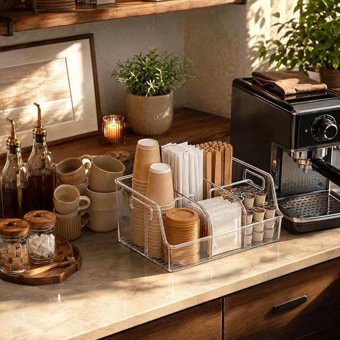 Coffee Station Organizer for Countertop, PET with Removable Dividers | Clear Plastic, Kitchen and Break Room Use, Coffee Caddy, Coffee Bar Accessories, Side Handles, Six Compartments, Easy View