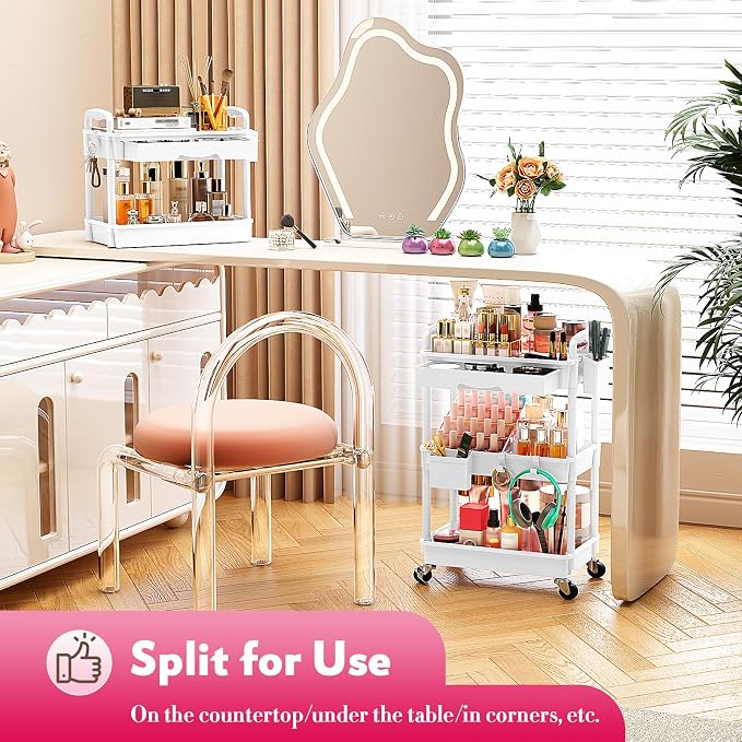 SUNALLY Makeup Cart Organizer with Drawer,3 Tier Rolling Makeup Cart, White | Rolling Vanity Storage for Skin Care Perfume Nail Polish, Floor Skincare Organizers Cosmetics Display Bathroom Storage Cart