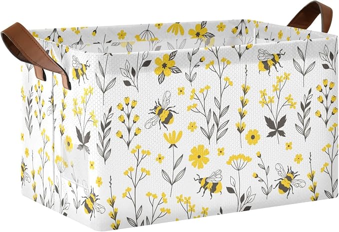 Yellow Wildflower with Bee Storage Basket Foldable Cube Storage Bins with Handles&Labels Waterproof Collapsible Organizer Box Bin Large Rectangle Decorative Baskets for Shelves Home Living Room Closet