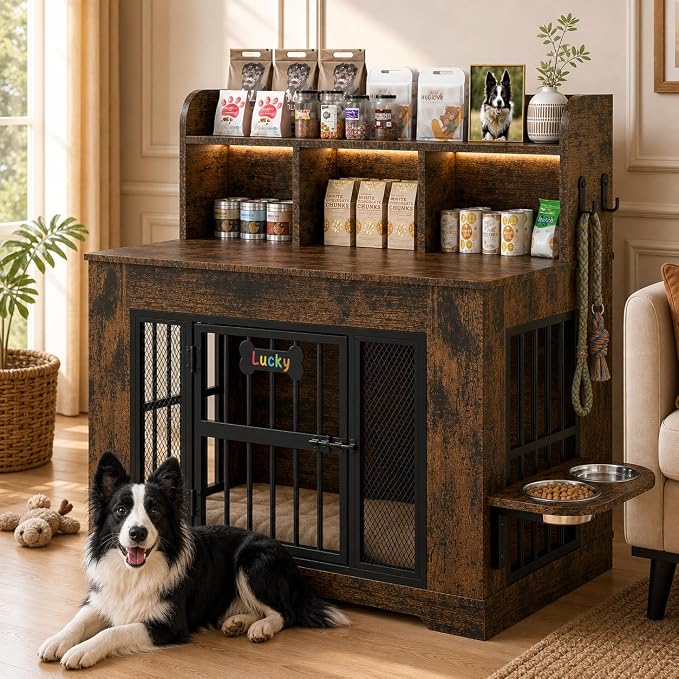 Petrova 33" Dog Crate Furniture with Storage Shelf & 2 Stainless Steel Bowls, Heavy Duty Indoor Dog Kennel for Medium/Small Dogs, Wooden Dog Cage with 4 Hooks, LED Light, Walnut Brown