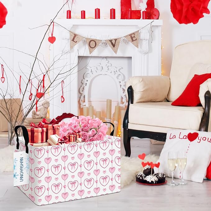 Rectangular Collapsible Pearl Heart Storage Basket Nursery Toy Organizer | Storage Bin Foldable Canvas with Handles for Organizing Home Kitchen Children Toys Office Closet Shelf Baskets