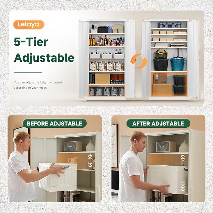 Metal Storage Cabinets with Lock Door,Steel Locker Garage Cabinets 5 Adjustable Shelves for Home,Office, Warehouse(White)