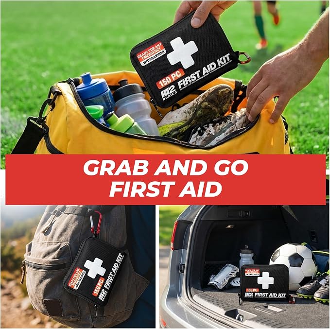 M2 BASICS 150 Piece Premium First Aid Kit, Compact Bag for Purse & Travel | On-The-Go Emergency Use, Backpack, Glove Box, Luggage, Carry-On, School, Sports, Car, RV, Boat, Hiking, Camping And Dorm