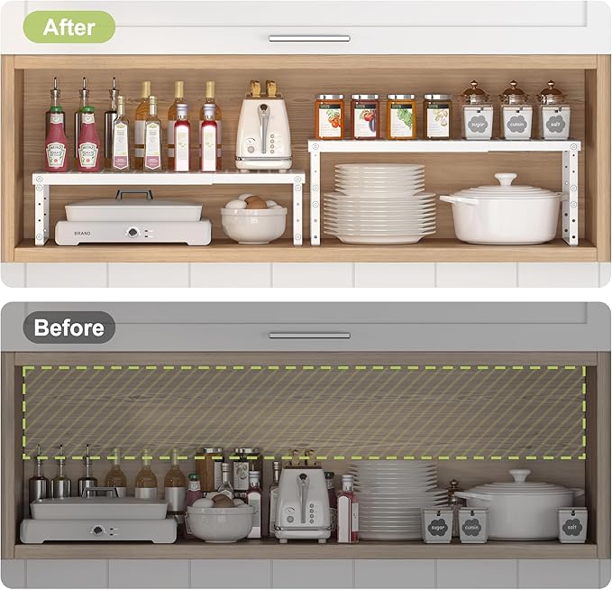 RUILALIFE Expandable Cabinet Organizer Shelf With Adjustable Height, Stackable Kitchen Countertop Organizer Rack, Adjustable Shelf Riser For Kitchen Counter, Pantry, Cupboard, Desk, Tabletop