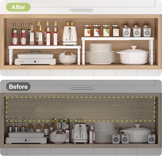 RUILALIFE Expandable Cabinet Organizer Shelf With Adjustable Height, Stackable Kitchen Countertop Organizer Rack, Adjustable Shelf Riser For Kitchen Counter, Pantry, Cupboard, Desk, Tabletop