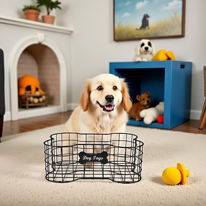 Metal dog toy bin basket bone shape designed outdoor dog toy storage great for collecting pet chew toys leashes clothing in living room area playroom closet shelf