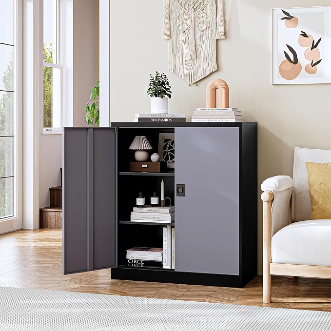 Metal Storage Cabinet, Lockable Storage Cabinet with 2 Doors and Shelves, Metal Cabinet with Lock, Small Lockable Metal Cabinet for Home Office(Black Grey)