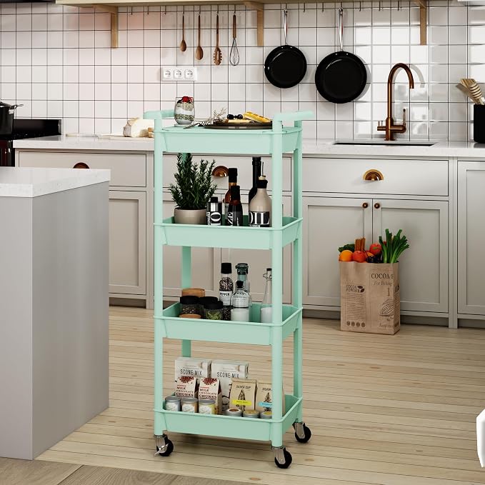 STEEHOOM Utility cart with Tabletop 4 Tier Rolling Cart Organizer with Wheels Movable Storage Cart for Office, Living Room, Kitchen, Craft Room, Green