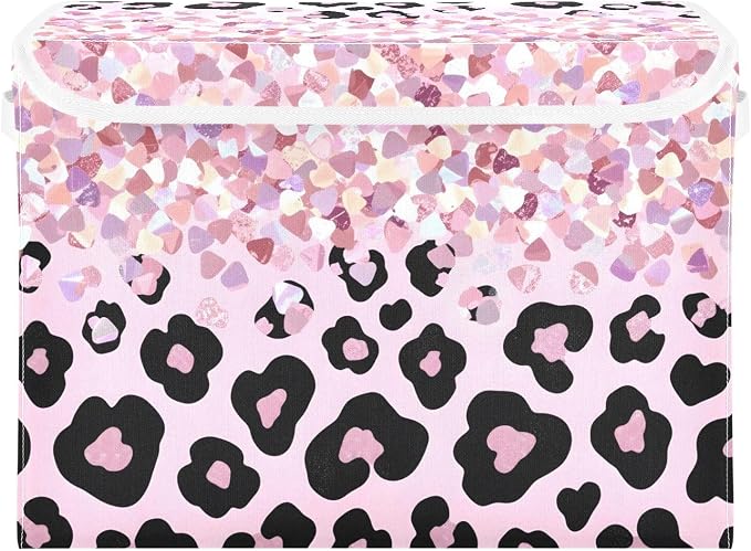 Glitter Leopard Storage Bins with Lids Closet Bedroom 40L Storage Basket | Decorative Storage Boxes, Foldable & Stackable, Dust-Proof Flip Top, Reinforced Handles, For Home & Dorm, Clothes & Toy Box