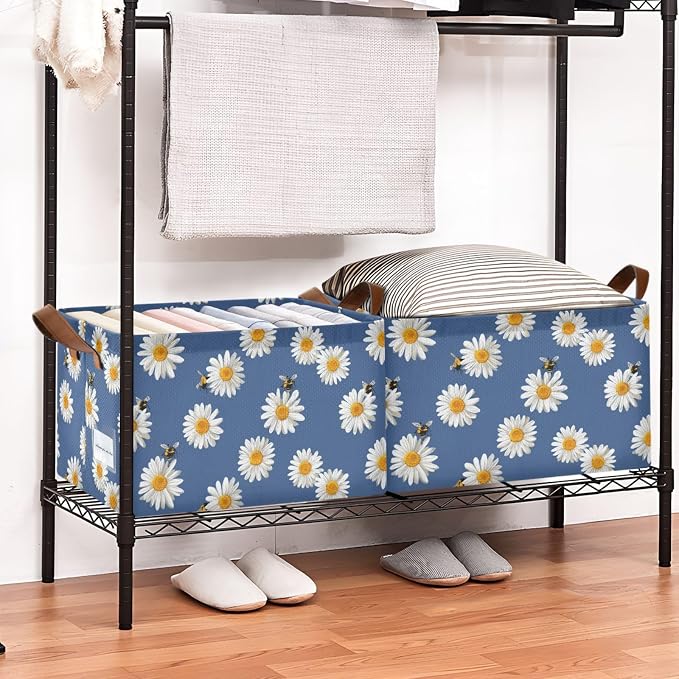 Daisy and Honey Bee Flower Blue Storage Basket Foldable Cube Storage Bins with Handles&Label Waterproof Collapsible Organizer Box Bin Large Rectangle Decorative Baskets for Shelves Home Room Laundry