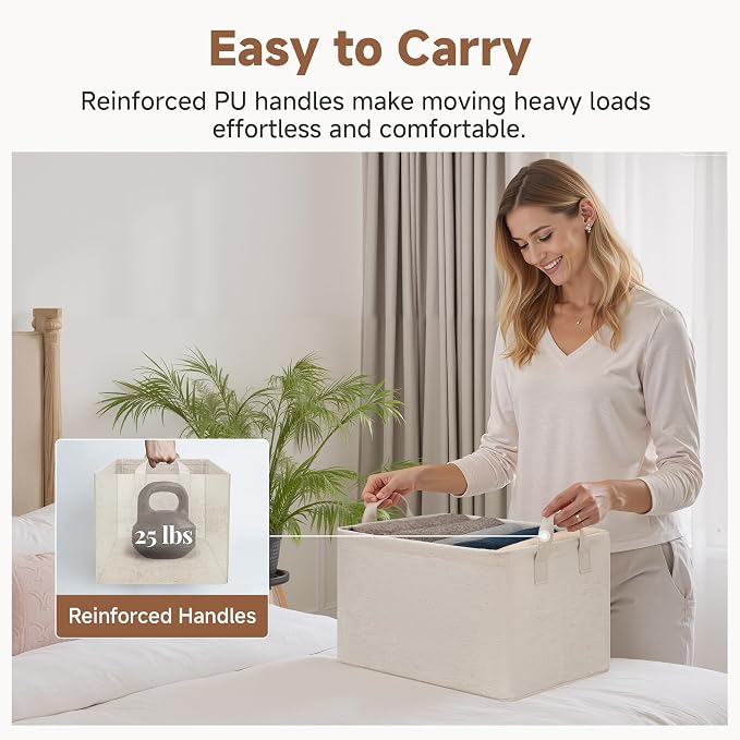 StorageWorks Fabric Storage Bins, Linen Closet Organizers, Beige, 2-Pack | With Reinforced PU Handles, Metal Frame, Sturdy Structure, Collapsible, for Closet, Shelves, Holds Clothes, Towels, Blankets
