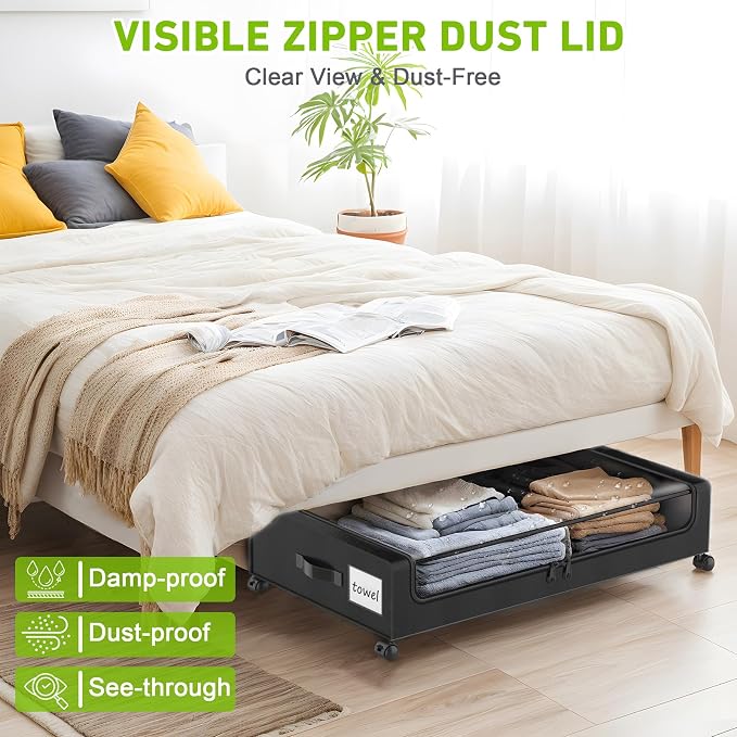 YAASHEEN Under Bed Storage with Wheels, 2-Pack Under the Bed Storage Containers with Clear Lids & Label, Underbed Storage Bins, XXL 60L Rolling Metal Drawer for Clothes, Shoes, Toys, Books - Black
