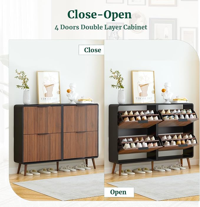 FurSch 47" Fluted Large Shoe Cabinet with 4 Flip Drawers | Slim Freestanding Organizer, Narrow Storage Rack, for Entryway, 5 Sturdy Legs