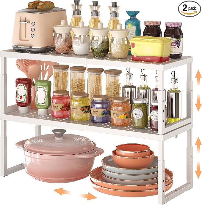 RUILALIFE Expandable-Stackable-Shelf-Organizer-For-Cabinet Pantry Closet,Kitchen Counter Shelf With Adjustable Height, Metal Storage Shelf Riser Spice Rack For Cupboard Countertop