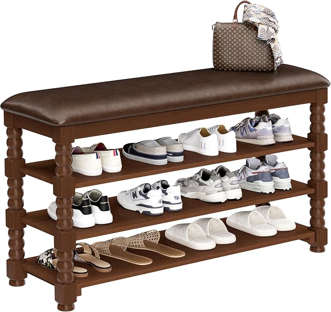 Homleke 39.4" Wide Solid Wood Shoe Rack Bench with Classic Turned Ball Legs | Tall 3-Tier Entryway Bench with Leather Seat, Holds Up to 12 Pairs, for Hallway, Bedroom and Closet, Walnut